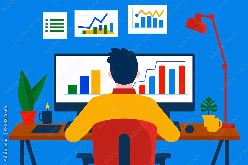 Poster illustration of an analyst working on a computer with charts and graphs, showcasing data analysis an