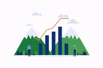 Obraz premium Illustration of business growth chart with mountains and two people, symbolizing data analysis and success in a natural setting.