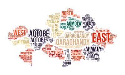 Obraz premium Kazakhstan Word Cloud. Country shape with region division. Kazakhstan typography style image. Region names tag clouds. Vector illustration.