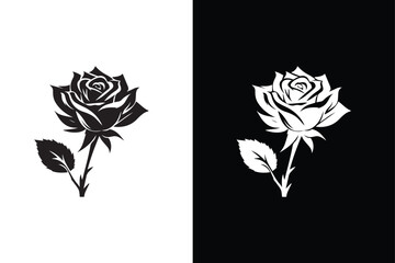 Rose with leaves. Rose Flower icon silhouette. Vector illustration black white background.