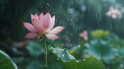 A Beautiful Pink Lotus Flower in Rainy Bloom: