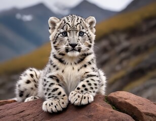 Fototapeta premium A Baby White Tiger Sitting on a Rock