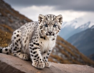 Obraz premium A Snow Leopard on a Rocky Mountain