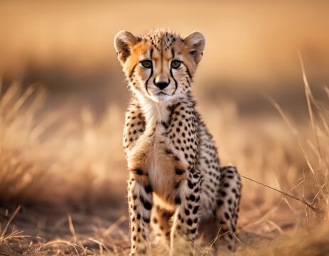 A young cheetah standing in the grass.