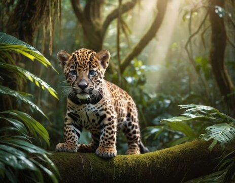 A baby jaguar in the jungle