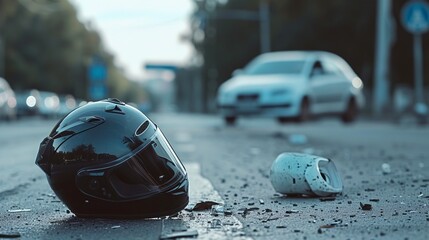 Motorcycle helmet lying on road after accident scene with blurred car in background. A somber and impactful image. Perfect for concepts of safety, risk, or insurance advertising. AI