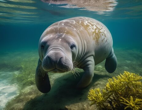 A Manatee Swimming in the Ocean