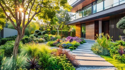 Fototapeta premium A large house with a beautiful garden in front of it