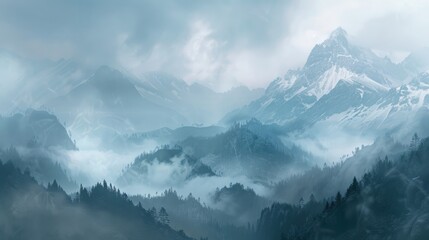 Mountain panorama shrouded in mist, a serene and dreamlike scene that inspires contemplation and awe.