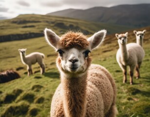 Fototapeta premium A group of lamas in a field