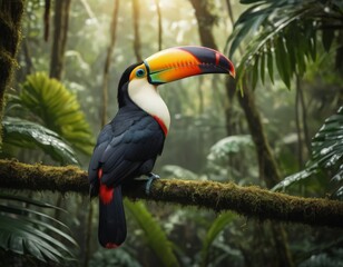 Naklejka premium A colorful bird perched on a branch in a forest.