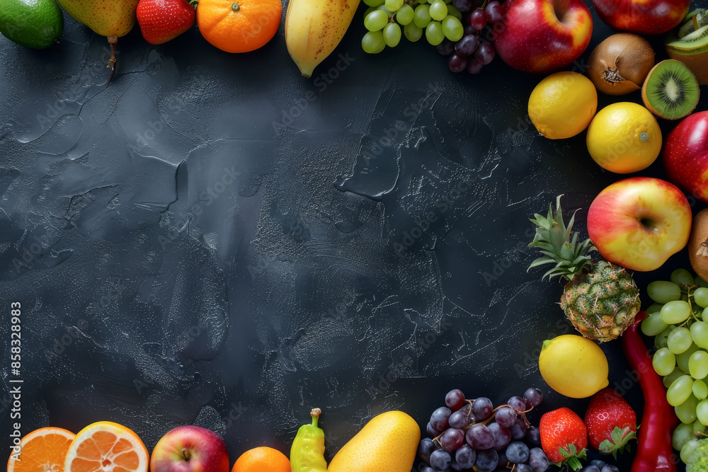 Wall mural Collection of fruits, pile of exotic fruits on vintage dark background top table view.