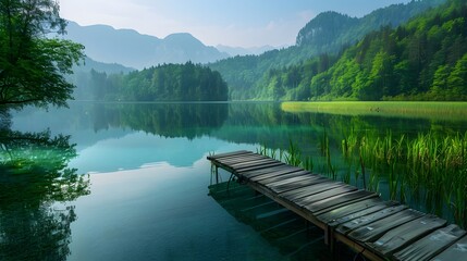 Beautiful Lake with Greenery, Mountains, and Sunlight