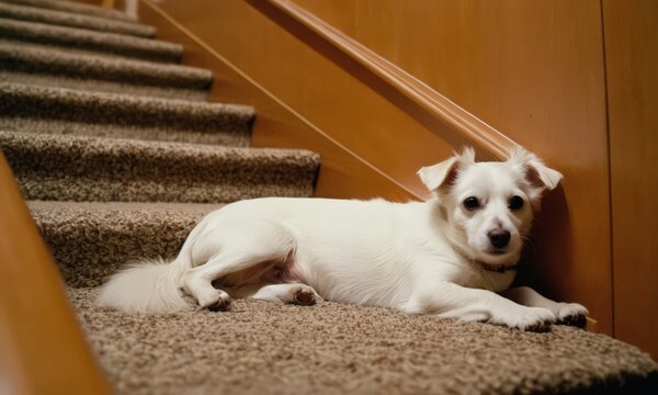 A White Dog Laying on Stairs