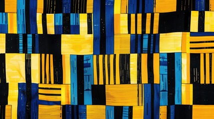 A kente cloth design featuring bold geometric patterns in alternating strips of bright yellow, black, and royal blue.