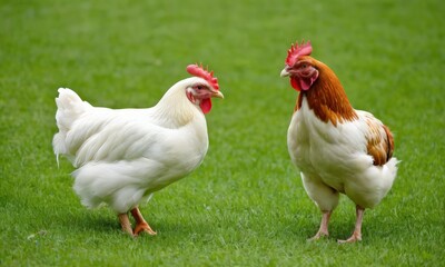 Fototapeta premium Two Chickens Standing in the Grass