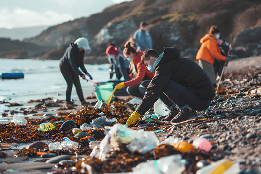 Volunteers cleaning polluted beach in coastal area