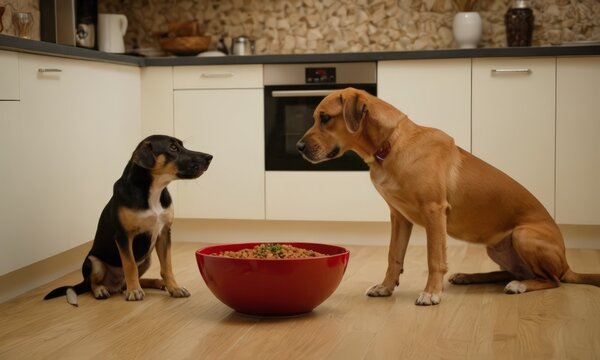 Two Dogs Standing in Kitchen