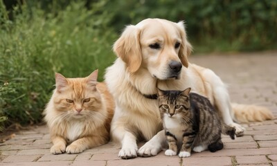 A dog and two cats sitting together