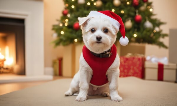 A White Dog Wearing a Santa Hat