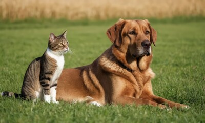 A dog and a cat in a field