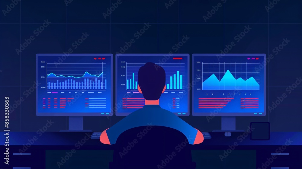 Poster person analyzing data on three computer monitors in a dark room, focusing on graphs and charts. perf