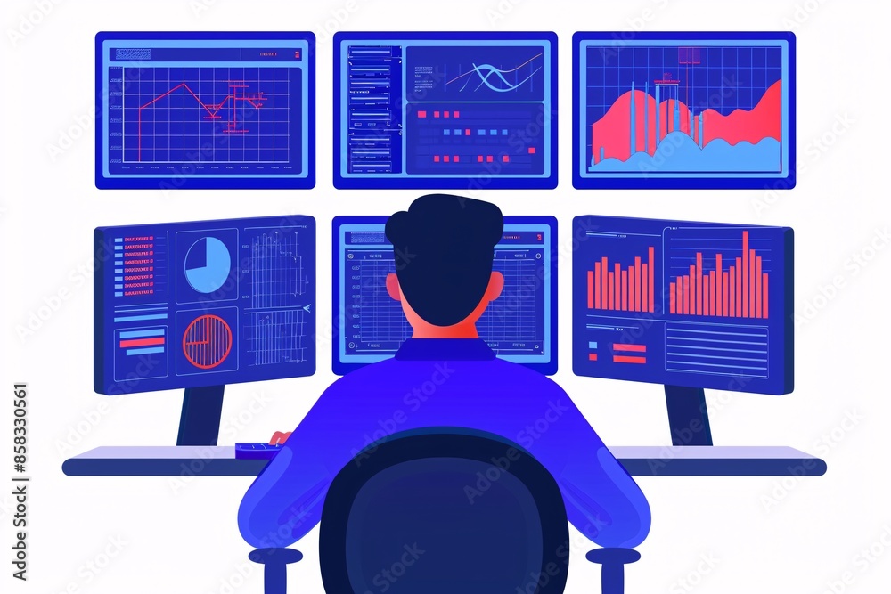 Poster person monitoring data on multiple screens. analytical workstation showing graphs and charts. data a