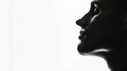 A human face in profile against a plain white background, with plenty of empty space for adding text or graphics full body on white background 