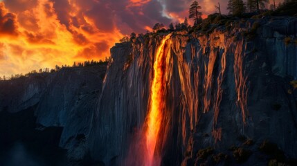 Waterfall in sunset when it glows like fire