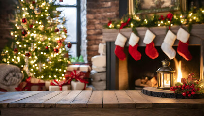 Fototapeta premium child decorating christmas tree.Simple wooden table in front of a fireplace with stockings and a Christmas tree, capturing the essence of a cozy and festive home during the holidays.