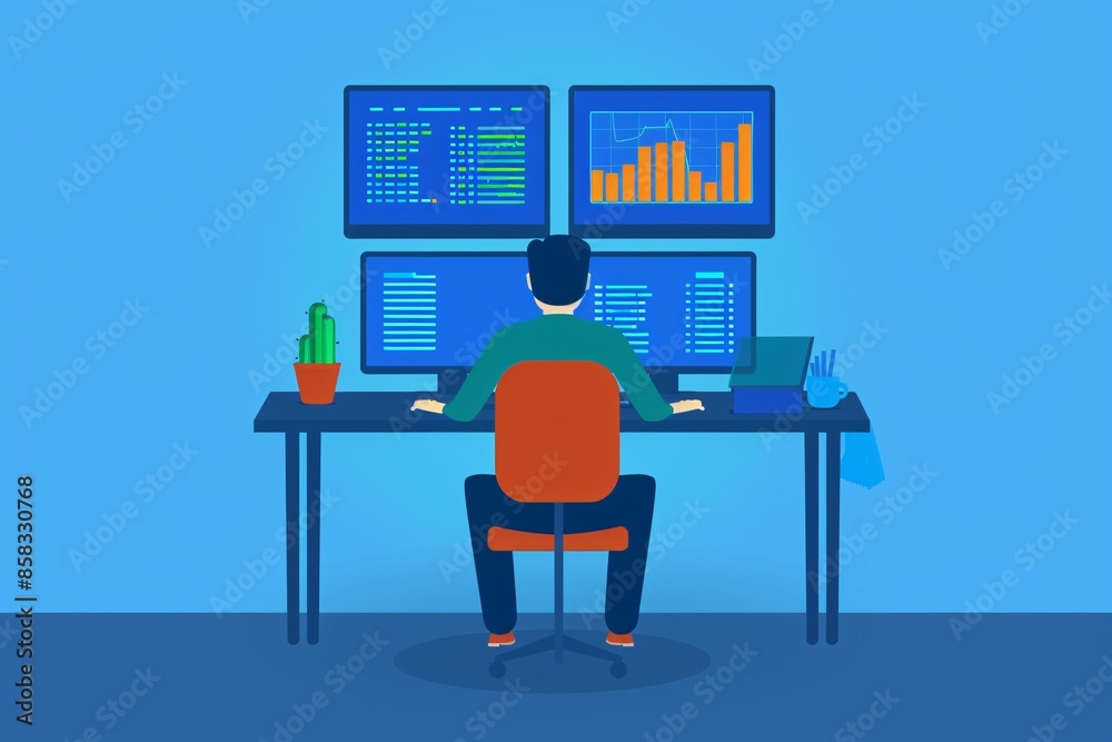 Poster person working at desk with multiple monitors displaying data and graphs. business analytics and tec