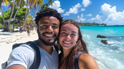 A young couple posing for a selfie on a beautiful beach during their travels, both smiling and holding the camera with the turquoise sea and palm trees in the background