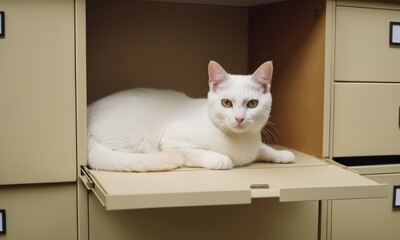 A White Cat Sitting in a Drawer