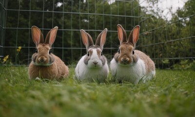 Obraz premium Three Bunnies in a Fenced-in Area