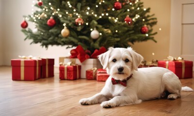 A White Dog Laying on the Floor in Front of a Christmas Tree