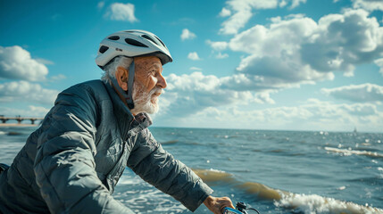 An elderly man cycling along a seaside promenade, wearing a helmet and casual clothing, with the ocean and sky in the background