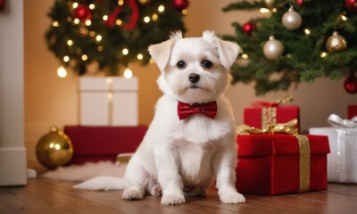 A Small White Dog Wearing a Bow Tie