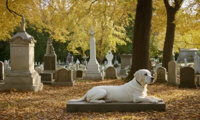A Dog Laying on a Grave Yard