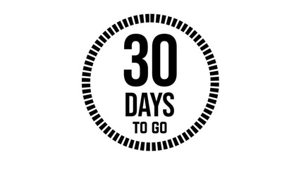 30 days to go, 30 days count 2D animation, motion graphics running numbers counting days, 30 days in a month, thirty days left, 4K HD video with black text Transparent video alpha channel.