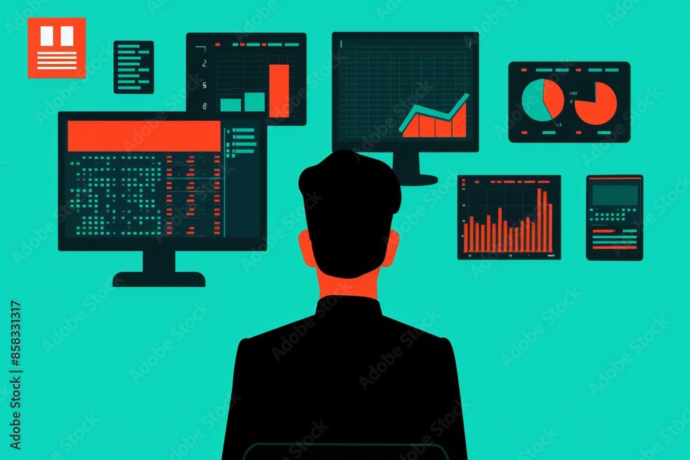 Poster silhouette of a person analyzing data on multiple screens with various graphs and charts, showcasing