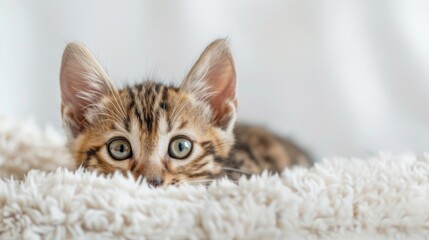 Spotted Bengal Kitten with Green Eyes and Fluffy cat with Space for Text