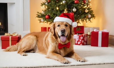 A Golden Retriever in a Santa Hat