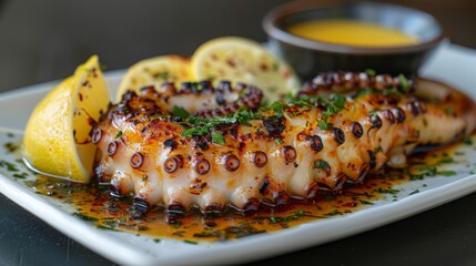 Close-up of a perfectly grilled octopus tentacle, garnished with lemon wedges and sprinkled with fresh herbs, served on a white plate with ample copy space. 