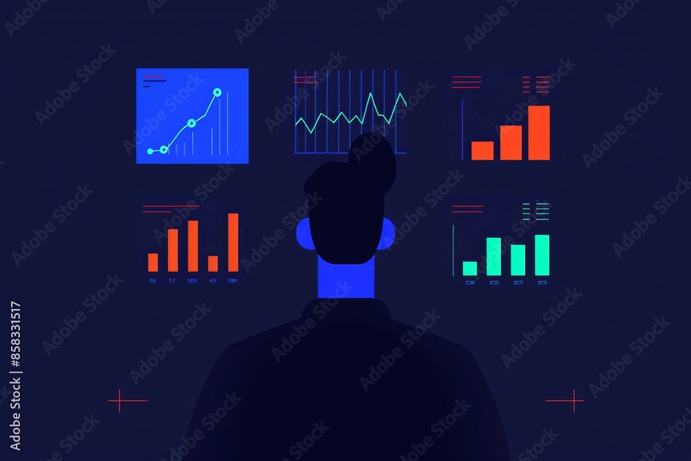 Poster silhouette of a person analyzing various data charts and graphs on a dark background in a modern, te
