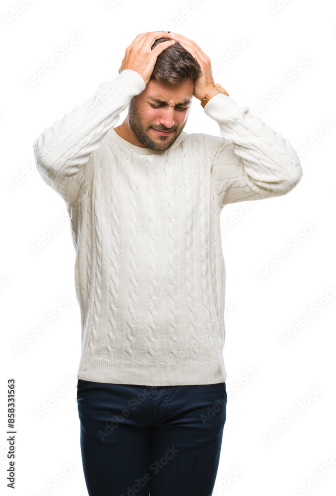 Sticker young handsome man wearing winter sweater over isolated background suffering from headache desperate