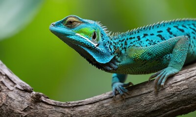 Fototapeta premium A Green and Blue Lizard on a Branch