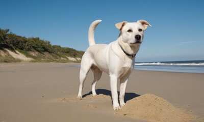 A White Dog Standing on the Beach