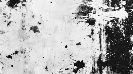 An abstract black and white grunge texture featuring splatters, scratches, and stains