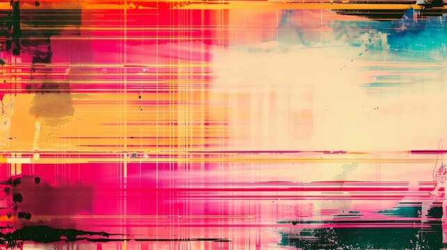 Abstract piece of glitch art with bright colors and distorted patterns with horizontal scan lines