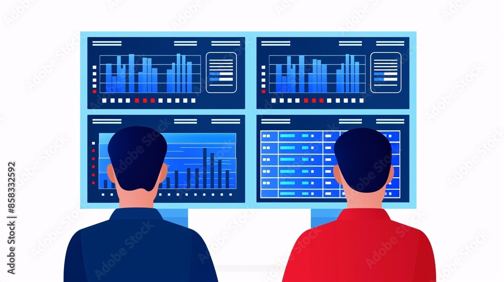 Poster two analysts monitoring data on multiple screens with graphs and charts in a modern control room or 
